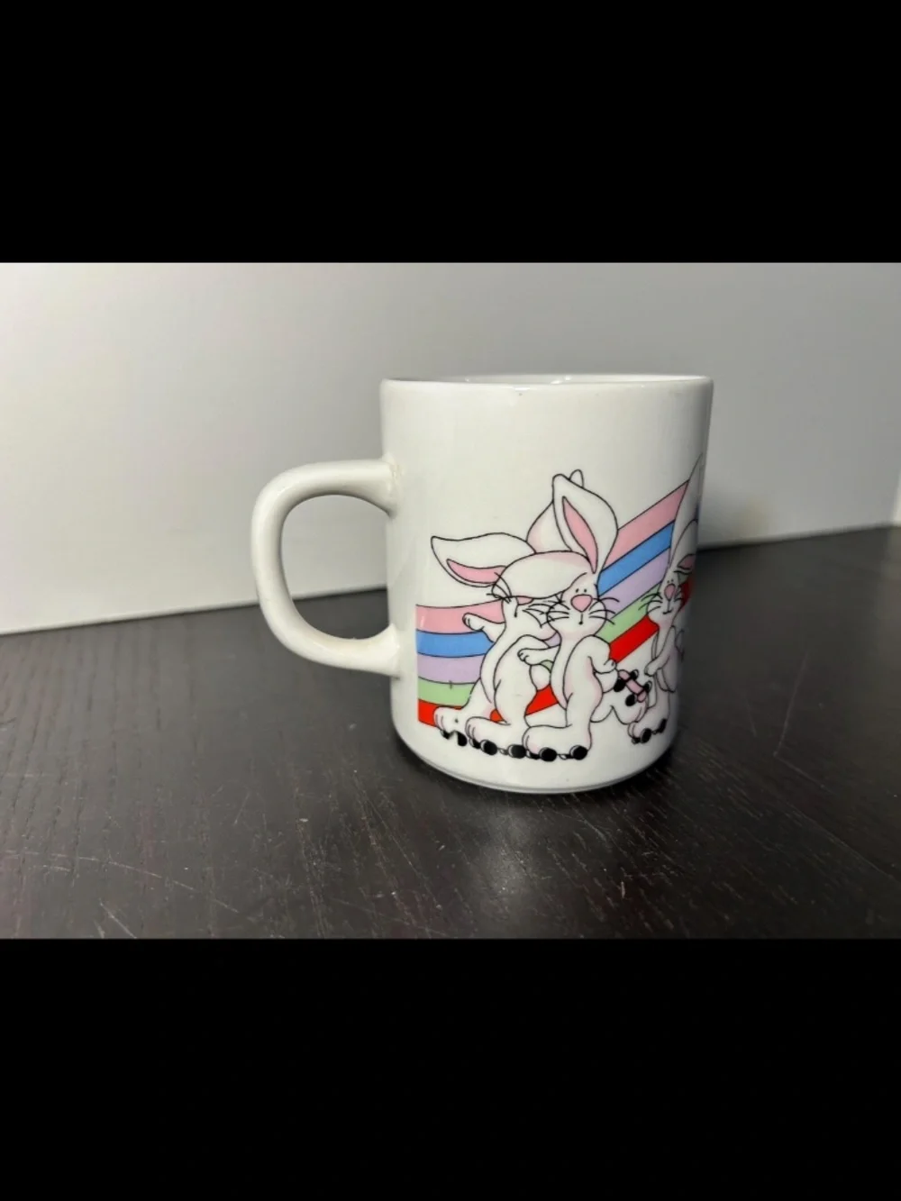 Vintage Roller Skating Bunnies/Rabbits with Rainbow Coffee Mug/Coffee Cup 1980s